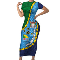 Malampa Fiji Day Family Matching Short Sleeve Bodycon Dress and Hawaiian Shirt National Symbols with Tapa Tribal and Polynesian Tattoo LT03 Mom's Dress Blue - Polynesian Pride
