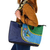 Malampa Fiji Day Leather Tote Bag National Symbols with Tapa Tribal and Polynesian Tattoo LT03 Blue - Polynesian Pride
