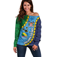 Malampa Fiji Day Off Shoulder Sweater National Symbols with Tapa Tribal and Polynesian Tattoo LT03 Women Blue - Polynesian Pride