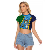 Malampa Fiji Day Raglan Cropped T Shirt National Symbols with Tapa Tribal and Polynesian Tattoo LT03 Female Blue - Polynesian Pride
