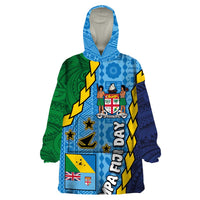 Malampa Fiji Day Wearable Blanket Hoodie National Symbols with Tapa Tribal and Polynesian Tattoo LT03 One Size Blue - Polynesian Pride