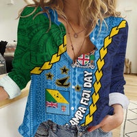 Malampa Fiji Day Women Casual Shirt National Symbols with Tapa Tribal and Polynesian Tattoo LT03 Female Blue - Polynesian Pride