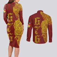 Tonga 676 Ngatu Tribal Tattoo Couples Matching Long Sleeve Bodycon Dress and Long Sleeve Button Shirt LT03 - Polynesian Pride