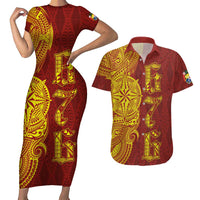 Tonga 676 Ngatu Tribal Tattoo Couples Matching Short Sleeve Bodycon Dress and Hawaiian Shirt LT03 Red - Polynesian Pride