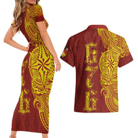 Tonga 676 Ngatu Tribal Tattoo Couples Matching Short Sleeve Bodycon Dress and Hawaiian Shirt LT03 - Polynesian Pride
