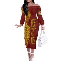 Tonga 676 Ngatu Tribal Tattoo Family Matching Off The Shoulder Long Sleeve Dress and Hawaiian Shirt LT03 Mom's Dress Red - Polynesian Pride