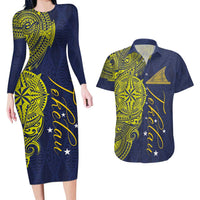 Personalised Tokelau Classic Ngatu Motifs Couples Matching Long Sleeve Bodycon Dress and Hawaiian Shirt LT03 Blue - Polynesian Pride