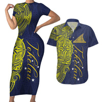 Personalised Tokelau Classic Ngatu Motifs Couples Matching Short Sleeve Bodycon Dress and Hawaiian Shirt LT03 Blue - Polynesian Pride