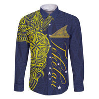 Personalised Tokelau Classic Ngatu Motifs Family Matching Off Shoulder Maxi Dress and Hawaiian Shirt LT03 Dad's Shirt - Long Sleeve Blue - Polynesian Pride