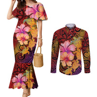Hawaiian Hibiscus Turtle Tribal Polynesian Pattern Couples Matching Mermaid Dress and Long Sleeve Button Shirt Colorful Color LT03 Red - Polynesian Pride
