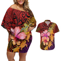 Hawaiian Hibiscus Turtle Tribal Polynesian Pattern Couples Matching Off Shoulder Short Dress and Hawaiian Shirt Colorful Color LT03 Red - Polynesian Pride