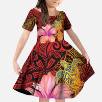 Hawaiian Hibiscus Turtle Tribal Polynesian Pattern Family Matching Long Sleeve Bodycon Dress and Hawaiian Shirt Colorful Color LT03 Daughter's Dress Red - Polynesian Pride