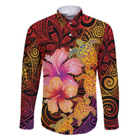Hawaiian Hibiscus Turtle Tribal Polynesian Pattern Family Matching Off The Shoulder Long Sleeve Dress and Hawaiian Shirt Colorful Color LT03 Dad's Shirt - Long Sleeve Red - Polynesian Pride