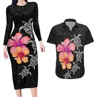 Hawaiian Hibiscus Turtle Tribal Polynesian Pattern Couples Matching Long Sleeve Bodycon Dress and Hawaiian Shirt Black Color LT03 Black - Polynesian Pride