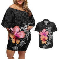 Hawaiian Hibiscus Turtle Tribal Polynesian Pattern Couples Matching Off Shoulder Short Dress and Hawaiian Shirt Black Color LT03 Black - Polynesian Pride