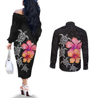 Hawaiian Hibiscus Turtle Tribal Polynesian Pattern Couples Matching Off The Shoulder Long Sleeve Dress and Long Sleeve Button Shirt Black Color LT03 - Polynesian Pride