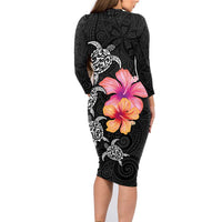 Hawaiian Hibiscus Turtle Tribal Polynesian Pattern Family Matching Long Sleeve Bodycon Dress and Hawaiian Shirt Black Color LT03 - Polynesian Pride