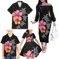 Hawaiian Hibiscus Turtle Tribal Polynesian Pattern Family Matching Off The Shoulder Long Sleeve Dress and Hawaiian Shirt Black Color LT03 - Polynesian Pride
