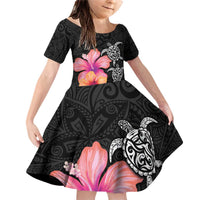 Hawaiian Hibiscus Turtle Tribal Polynesian Pattern Family Matching Off Shoulder Short Dress and Hawaiian Shirt Black Color LT03 Daughter's Dress Black - Polynesian Pride