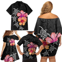 Hawaiian Hibiscus Turtle Tribal Polynesian Pattern Family Matching Off Shoulder Short Dress and Hawaiian Shirt Black Color LT03 - Polynesian Pride