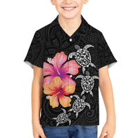 Hawaiian Hibiscus Turtle Tribal Polynesian Pattern Family Matching Off Shoulder Short Dress and Hawaiian Shirt Black Color LT03 Son's Shirt Black - Polynesian Pride