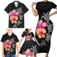 Hawaiian Hibiscus Turtle Tribal Polynesian Pattern Family Matching Short Sleeve Bodycon Dress and Hawaiian Shirt Black Color LT03 - Polynesian Pride