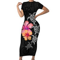 Hawaiian Hibiscus Turtle Tribal Polynesian Pattern Family Matching Short Sleeve Bodycon Dress and Hawaiian Shirt Black Color LT03 Mom's Dress Black - Polynesian Pride