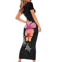 Hawaiian Hibiscus Turtle Tribal Polynesian Pattern Short Sleeve Bodycon Dress Black Color