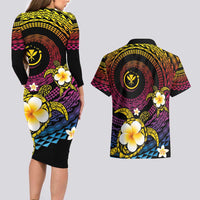 Hawaiian Plumeria Turtle Tribal Spiral Polynesian Tattoo Couples Matching Long Sleeve Bodycon Dress and Hawaiian Shirt Fanciful Color LT03 - Polynesian Pride