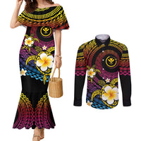 Hawaiian Plumeria Turtle Tribal Spiral Polynesian Tattoo Couples Matching Mermaid Dress and Long Sleeve Button Shirt Fanciful Color LT03 Gradient - Polynesian Pride