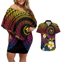 Hawaiian Plumeria Turtle Tribal Spiral Polynesian Tattoo Couples Matching Off Shoulder Short Dress and Hawaiian Shirt Fanciful Color LT03 Gradient - Polynesian Pride