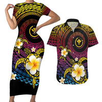 Hawaiian Plumeria Turtle Tribal Spiral Polynesian Tattoo Couples Matching Short Sleeve Bodycon Dress and Hawaiian Shirt Fanciful Color LT03 Gradient - Polynesian Pride