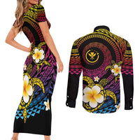 Hawaiian Plumeria Turtle Tribal Spiral Polynesian Tattoo Couples Matching Short Sleeve Bodycon Dress and Long Sleeve Button Shirt Fanciful Color LT03 - Polynesian Pride