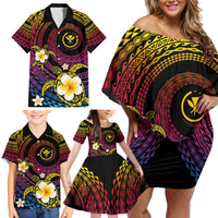Hawaiian Plumeria Turtle Tribal Spiral Polynesian Tattoo Family Matching Off Shoulder Short Dress and Hawaiian Shirt Fanciful Color LT03 - Polynesian Pride