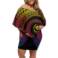 Hawaiian Plumeria Turtle Tribal Spiral Polynesian Tattoo Off Shoulder Short Dress Fanciful Color LT03 Women Gradient - Polynesian Pride