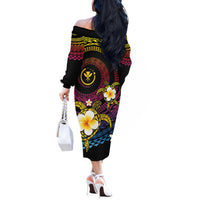 Hawaiian Plumeria Turtle Tribal Spiral Polynesian Tattoo Off The Shoulder Long Sleeve Dress Fanciful Color LT03 - Polynesian Pride