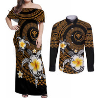 Hawaiian Plumeria Turtle Tribal Spiral Polynesian Tattoo Couples Matching Off Shoulder Maxi Dress and Long Sleeve Button Shirt Gold Color LT03 Gold - Polynesian Pride