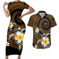 Hawaiian Plumeria Turtle Tribal Spiral Polynesian Tattoo Couples Matching Short Sleeve Bodycon Dress and Hawaiian Shirt Gold Color LT03 Gold - Polynesian Pride
