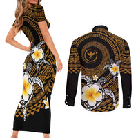 Hawaiian Plumeria Turtle Tribal Spiral Polynesian Tattoo Couples Matching Short Sleeve Bodycon Dress and Long Sleeve Button Shirt Gold Color LT03 - Polynesian Pride