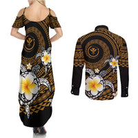 Hawaiian Plumeria Turtle Tribal Spiral Polynesian Tattoo Couples Matching Summer Maxi Dress and Long Sleeve Button Shirt Gold Color LT03 - Polynesian Pride