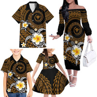 Hawaiian Plumeria Turtle Tribal Spiral Polynesian Tattoo Family Matching Off The Shoulder Long Sleeve Dress and Hawaiian Shirt Gold Color LT03 - Polynesian Pride