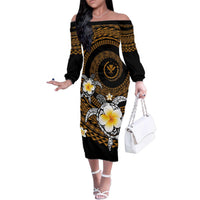 Hawaiian Plumeria Turtle Tribal Spiral Polynesian Tattoo Family Matching Off The Shoulder Long Sleeve Dress and Hawaiian Shirt Gold Color LT03 Mom's Dress Gold - Polynesian Pride
