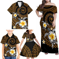Hawaiian Plumeria Turtle Tribal Spiral Polynesian Tattoo Family Matching Off Shoulder Maxi Dress and Hawaiian Shirt Gold Color LT03 - Polynesian Pride