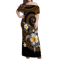 Hawaiian Plumeria Turtle Tribal Spiral Polynesian Tattoo Off Shoulder Maxi Dress Gold Color LT03 Women Gold - Polynesian Pride