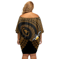 Hawaiian Plumeria Turtle Tribal Spiral Polynesian Tattoo Off Shoulder Short Dress Gold Color LT03 - Polynesian Pride