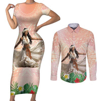 Woman Polynesian Tattoos Couples Matching Short Sleeve Bodycon Dress and Long Sleeve Button Shirt Tropical Flower - Peach Fuzz Color LT03 Peach Fuzz - Polynesian Pride