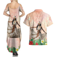 Woman Polynesian Tattoos Couples Matching Summer Maxi Dress and Hawaiian Shirt Tropical Flower - Peach Fuzz Color LT03 - Polynesian Pride