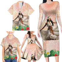 Woman Polynesian Tattoos Family Matching Long Sleeve Bodycon Dress and Hawaiian Shirt Tropical Flower - Peach Fuzz Color LT03 - Polynesian Pride