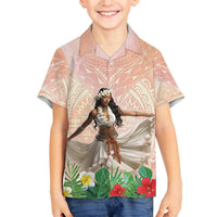 Woman Polynesian Tattoos Family Matching Off The Shoulder Long Sleeve Dress and Hawaiian Shirt Tropical Flower - Peach Fuzz Color LT03 Son's Shirt Peach Fuzz - Polynesian Pride