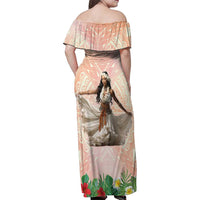 Woman Polynesian Tattoos Family Matching Off Shoulder Maxi Dress and Hawaiian Shirt Tropical Flower - Peach Fuzz Color LT03 - Polynesian Pride